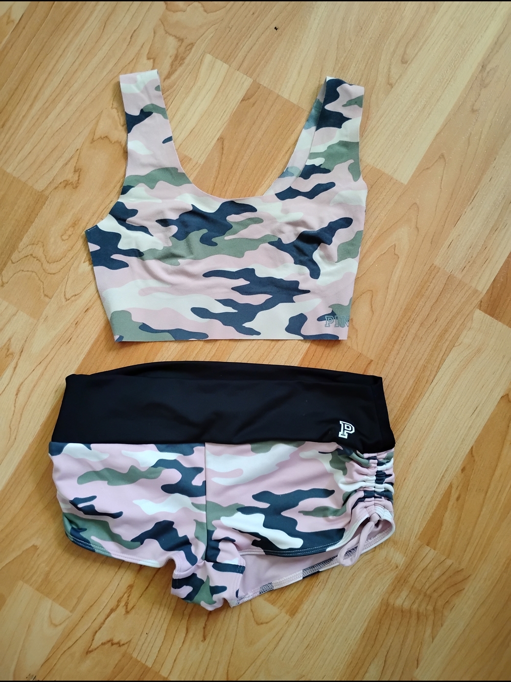 PINK Victoria's Secret Pink & Olive Camo Sports Top and Shorts Set
